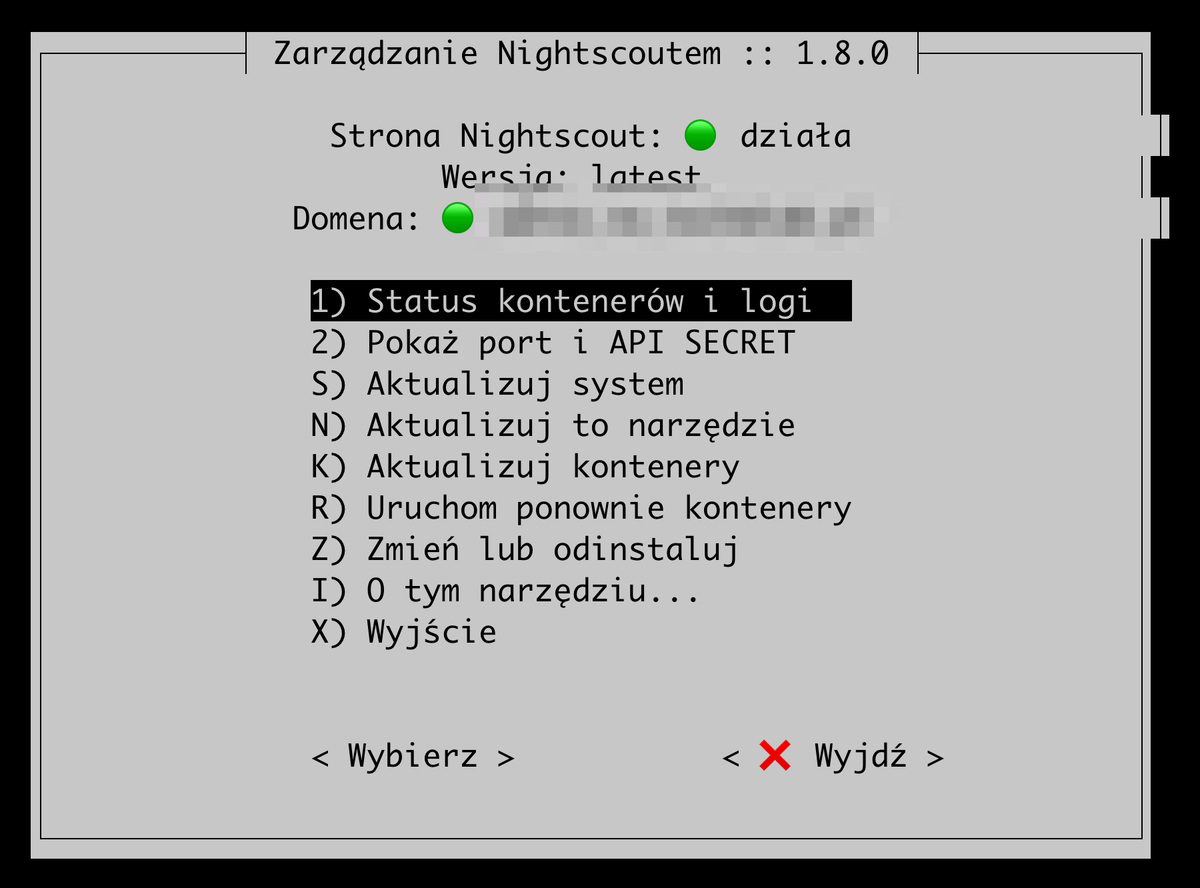 Widok uruchomionego Nightscout na Mikrusie z panelem zarządzania stworzonym przez Dominika
